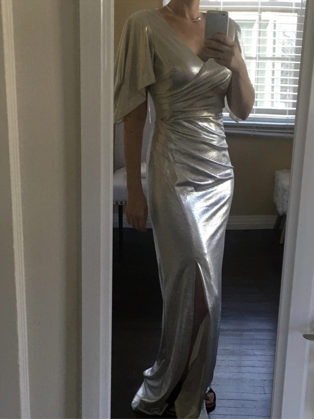Eliza J Elegant Gold Wrap Maxi Dress with Flutter Sleeves Sz 6